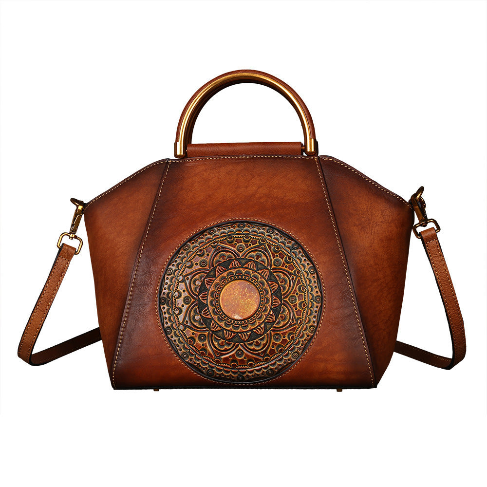 Borsa a mano da donna in pelle con fiore a pressione, totem, con strato superiore in pelle bovina