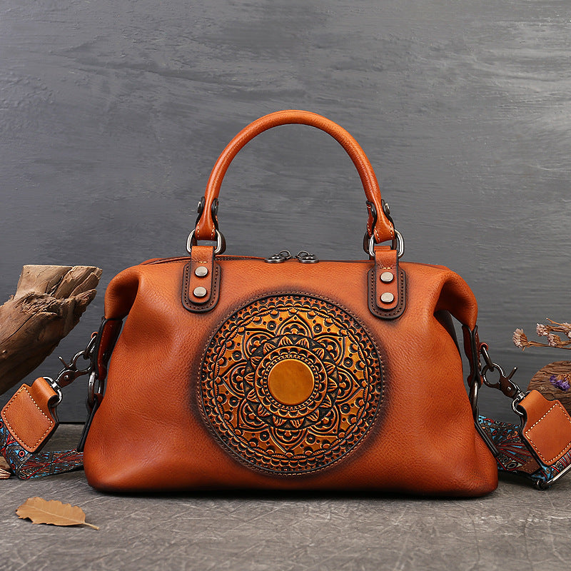 Borsa a mano da donna, primo strato, in pelle bovina, con cerniera, grande capacità, stile retrò, totem