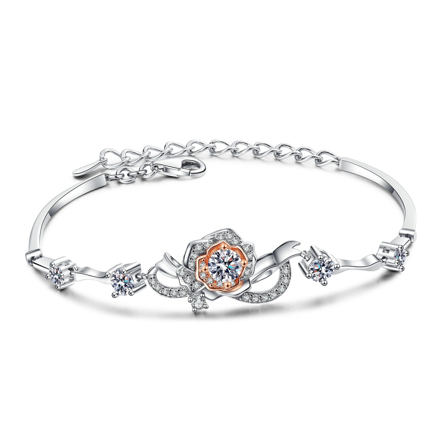 Bracciale con rosa da donna, in argento S925, con moissanite intarsiata consegna immediata