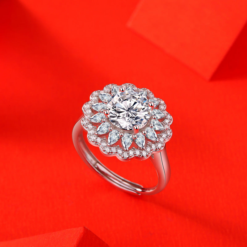Anello in argento S925 con moissanite e fiori 2 CARATI CON CERTIFICATO, nuovo anello alla moda da donna, anello regolabile CONSEGNA IMMEDIATA