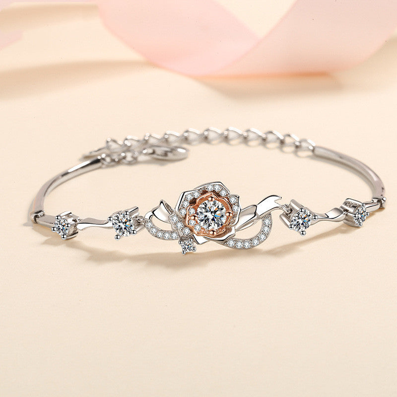 Bracciale con rosa da donna, in argento S925, con moissanite intarsiata consegna immediata