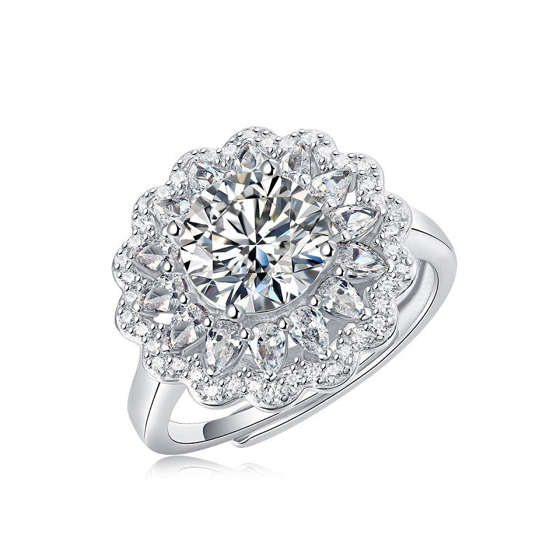 Anello in argento S925 con moissanite e fiori 2 CARATI CON CERTIFICATO, nuovo anello alla moda da donna, anello regolabile CONSEGNA IMMEDIATA
