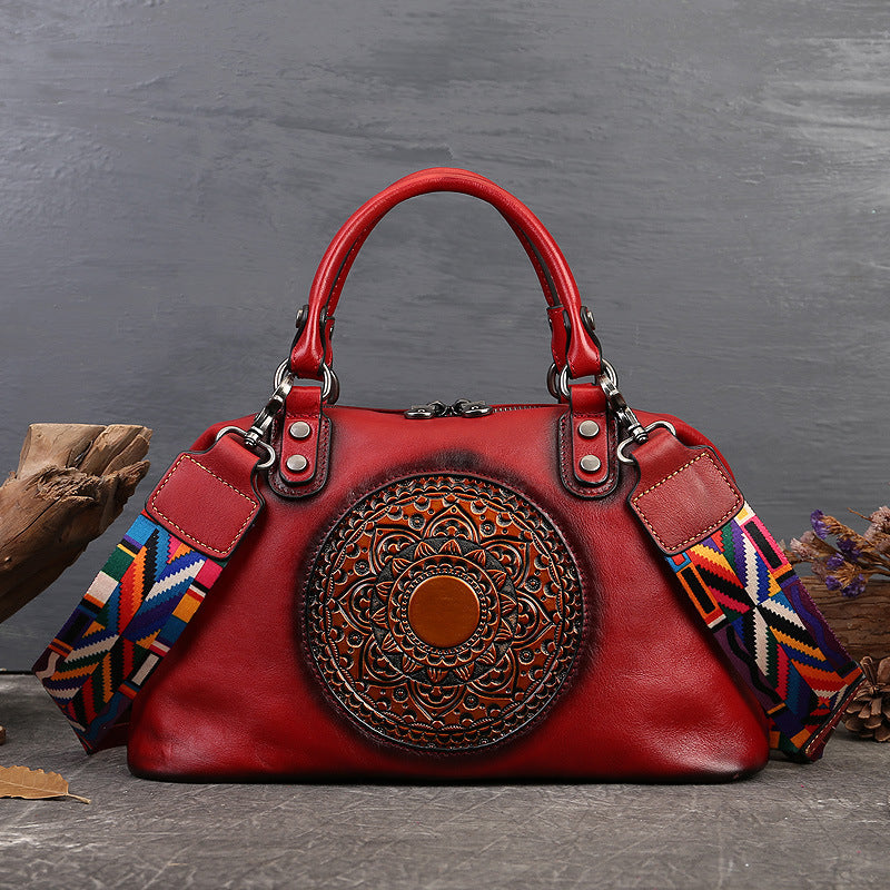 Borsa a mano da donna, primo strato, in pelle bovina, con cerniera, grande capacità, stile retrò, totem