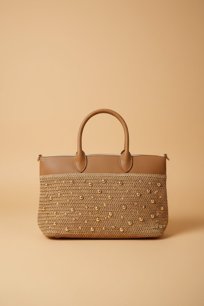 AMINA – Braided Raffia Handbag with Gold Studs With shoulder strap