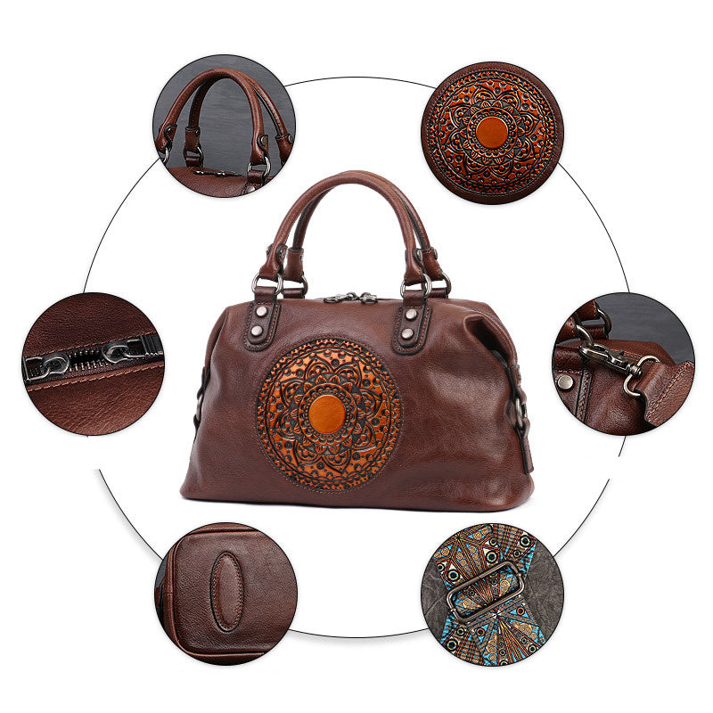 Borsa a mano da donna, primo strato, in pelle bovina, con cerniera, grande capacità, stile retrò, totem
