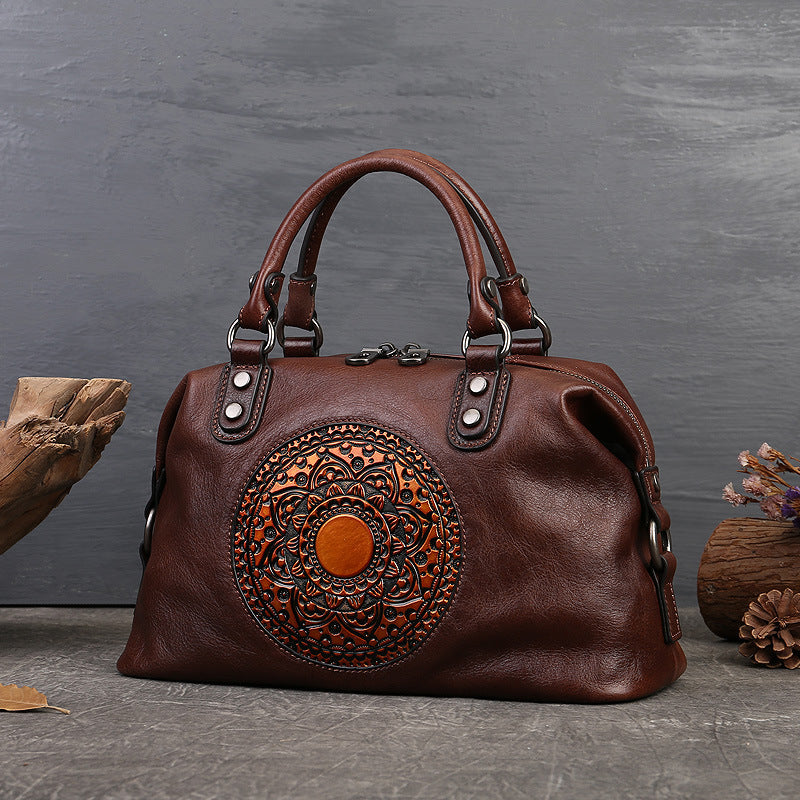 Borsa a mano da donna, primo strato, in pelle bovina, con cerniera, grande capacità, stile retrò, totem