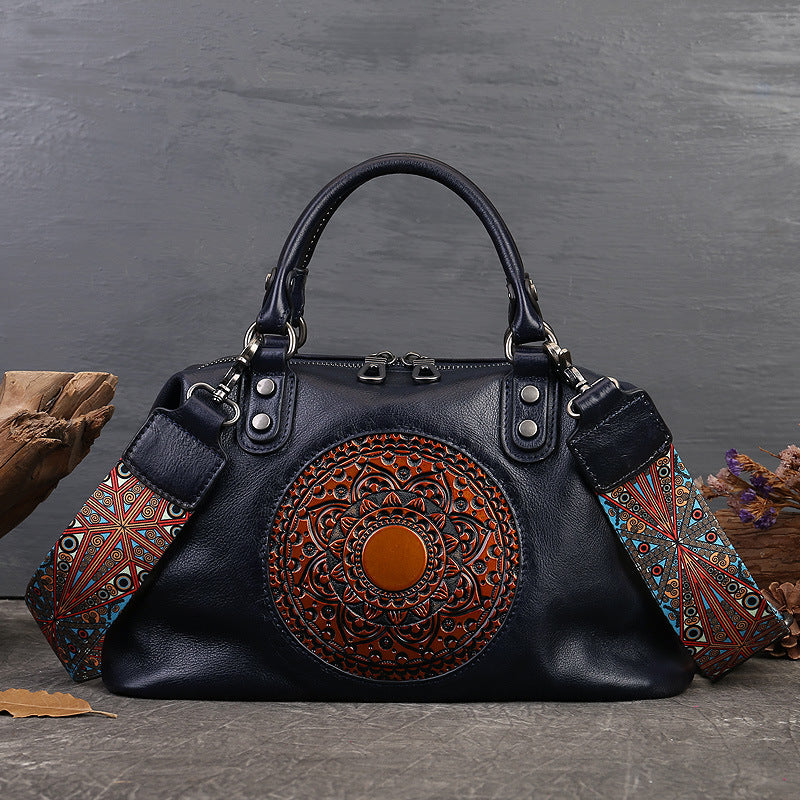 Borsa a mano da donna, primo strato, in pelle bovina, con cerniera, grande capacità, stile retrò, totem