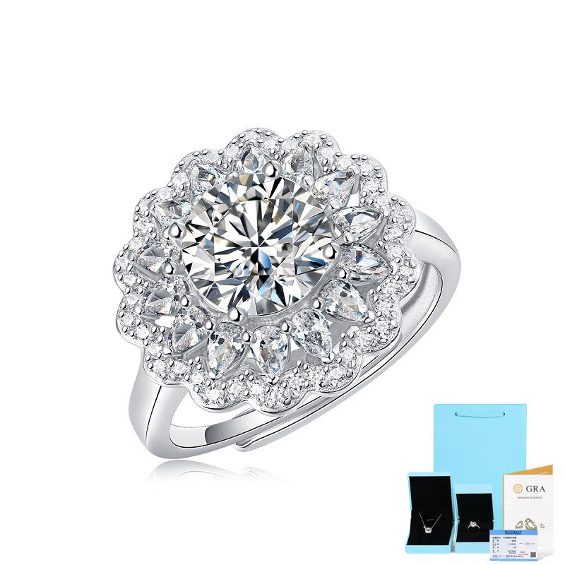 Anello in argento S925 con moissanite e fiori 2 CARATI CON CERTIFICATO, nuovo anello alla moda da donna, anello regolabile CONSEGNA IMMEDIATA
