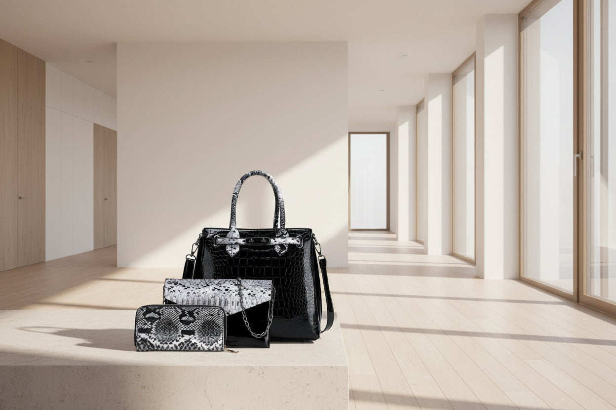 Nuova Borse a Mano per Donna Modello tree colore nero e rosso composta da 3 pezzi