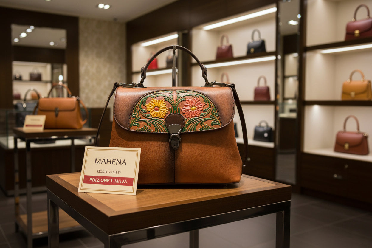 Borsa a mano diagonale portatile in rilievo retrò con stampa a mano colorata modello SISSY EDIZIONE LIMITATA colore MARRONE