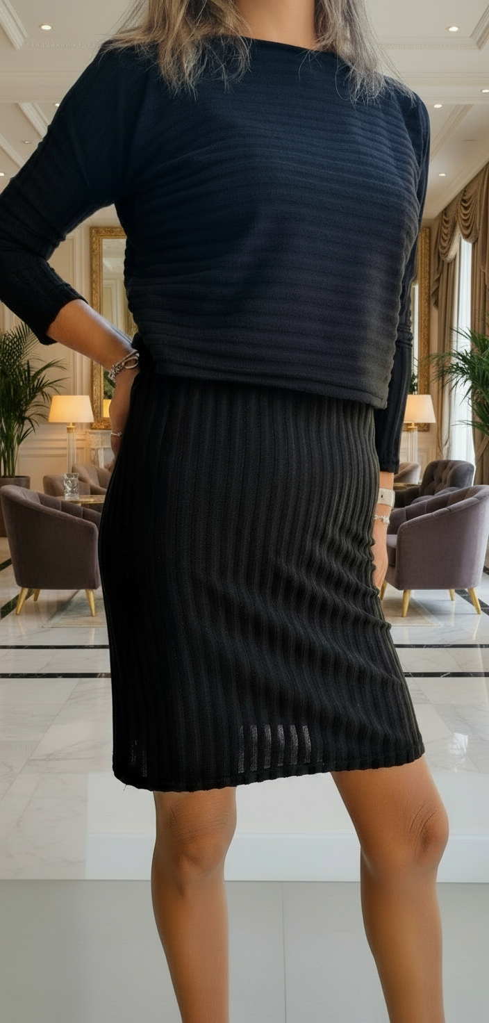 Zweiteiliger Damenanzug, gestreiftes Langarmshirt und figurbetonter Rock, Slim Fit, Herbst-Winter-Mode. Lieferzeit: 15 Tage.