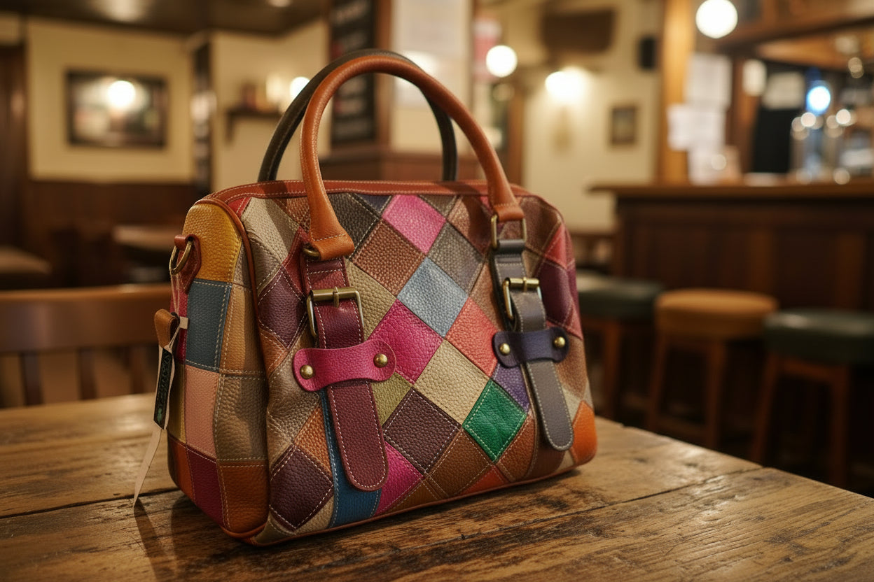 Sac patchwork artistique MAHENA multicolore - 100% Cuir véritable Unique en Précommande expéditions expédition à partir du 30 mai
