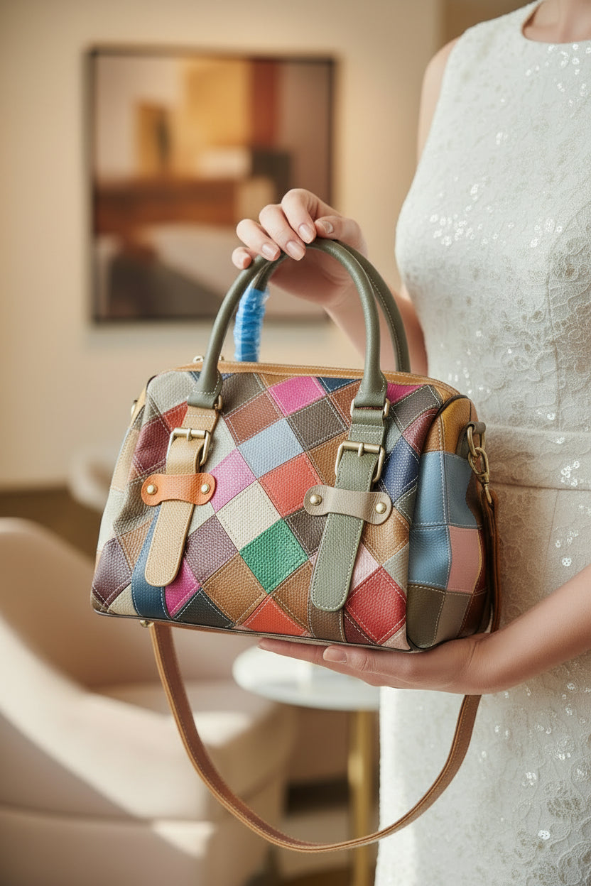 Sac patchwork artistique MAHENA multicolore - 100% Cuir véritable Unique en Précommande expéditions expédition à partir du 30 mai