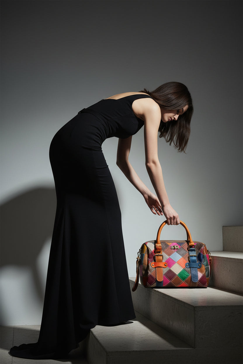 Sac patchwork artistique MAHENA multicolore - 100% Cuir véritable Unique en Précommande expéditions expédition à partir du 30 mai
