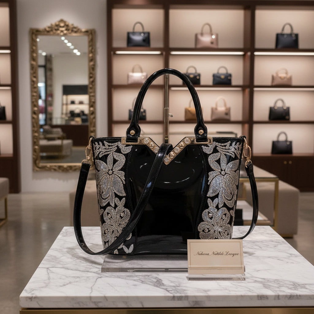 Borsa a tracolla in pu lucida ricamata nera Matilde Lounge nera e rossa Stupenda!