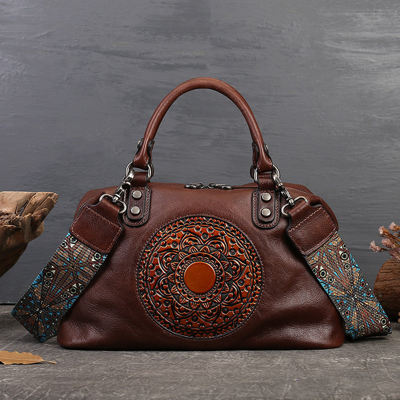 Borsa a mano da donna, primo strato, in pelle bovina, con cerniera, grande capacità, stile retrò, totem