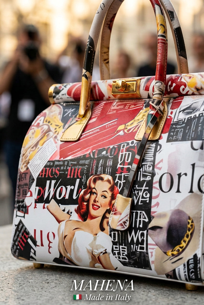 Mahena "Vintage Journal" — Handgefertigte Pop-Art-Tasche aus echtem Leder