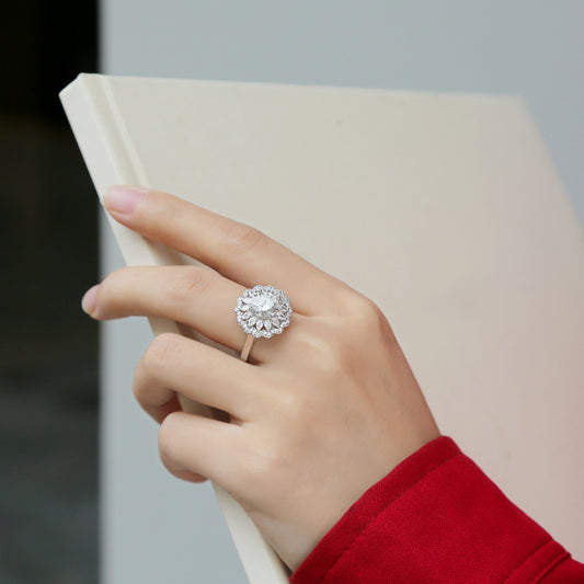 Anello in argento S925 con moissanite e fiori 2 CARATI CON CERTIFICATO, nuovo anello alla moda da donna, anello regolabile CONSEGNA IMMEDIATA