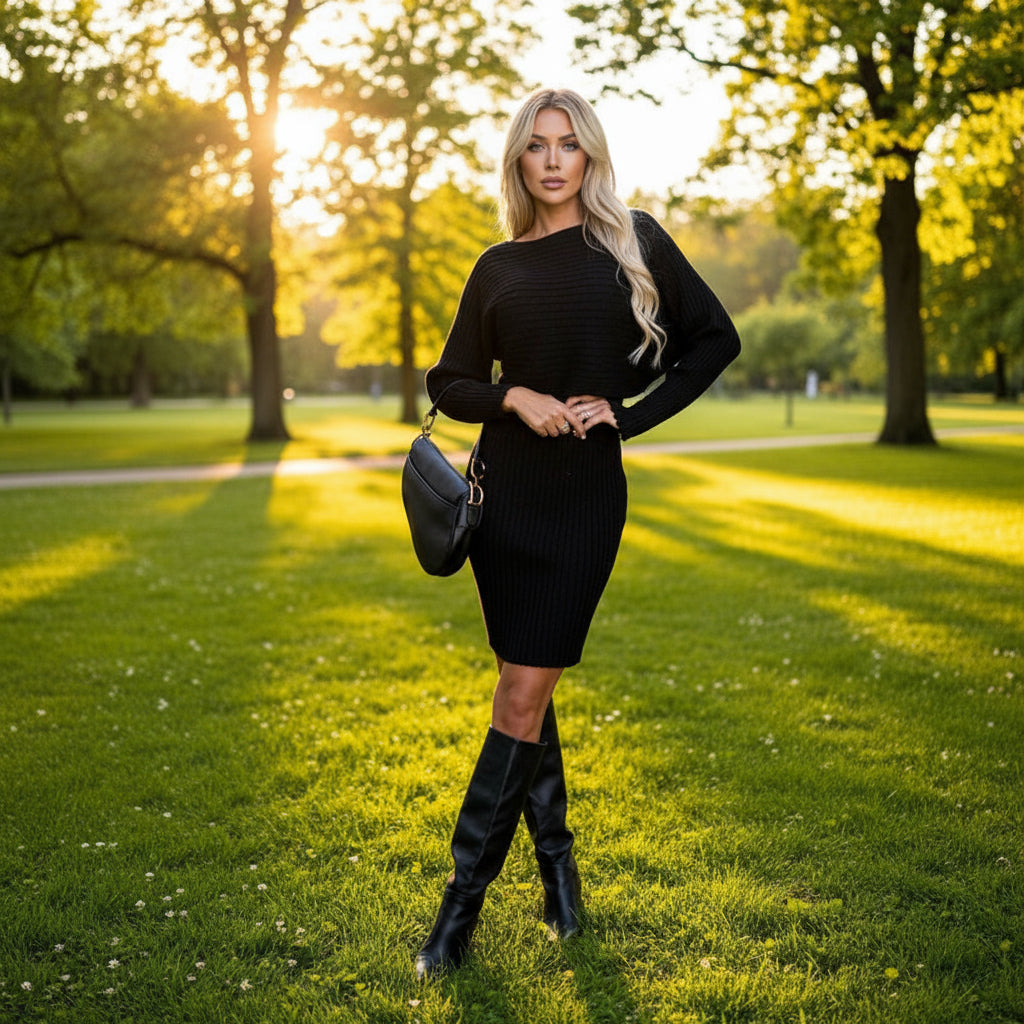 Zweiteiliger Damenanzug, gestreiftes Langarmshirt und figurbetonter Rock, Slim Fit, Herbst-Winter-Mode. Lieferzeit: 15 Tage.