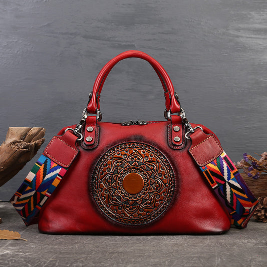 Borsa a mano da donna, primo strato, in pelle bovina, con cerniera, grande capacità, stile retrò, totem