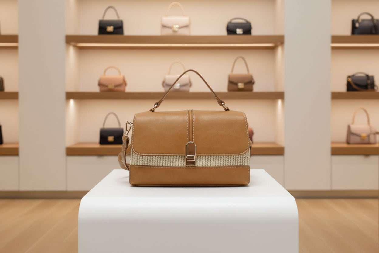 Borsa a tracolla bi-materiale con chiusura a scatto MODELLO HAPPY MARRONE