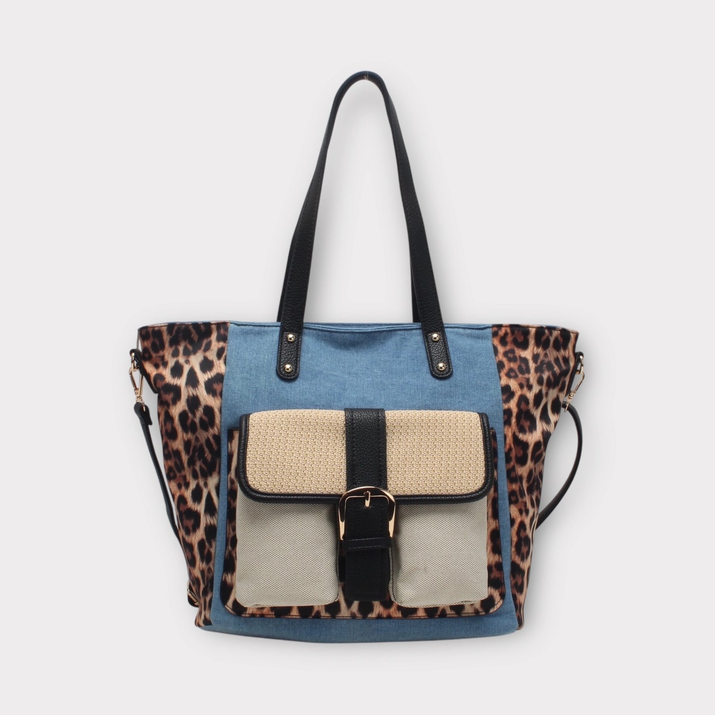 Borsa shopper con manico, tracolla, tasca anteriore, effetto leopardato MODELLO Hunter