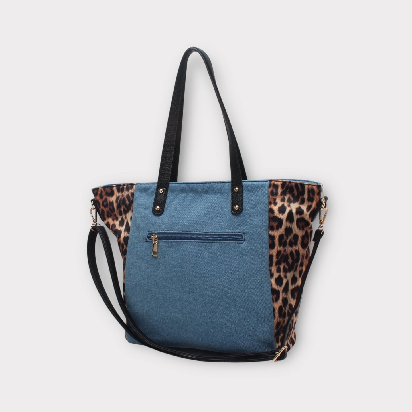 Borsa shopper con manico, tracolla, tasca anteriore, effetto leopardato MODELLO Hunter