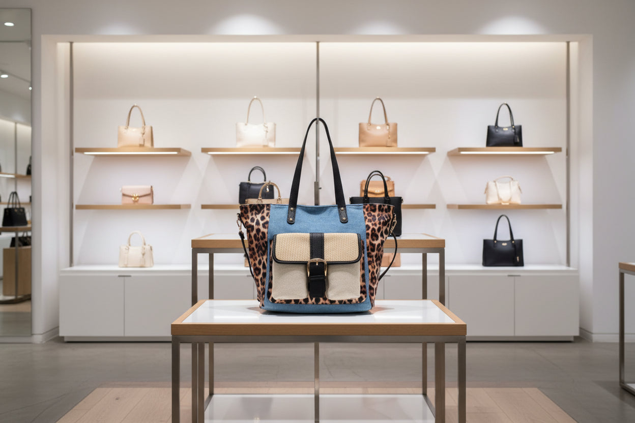 Borsa shopper con manico, tracolla, tasca anteriore, effetto leopardato MODELLO Hunter