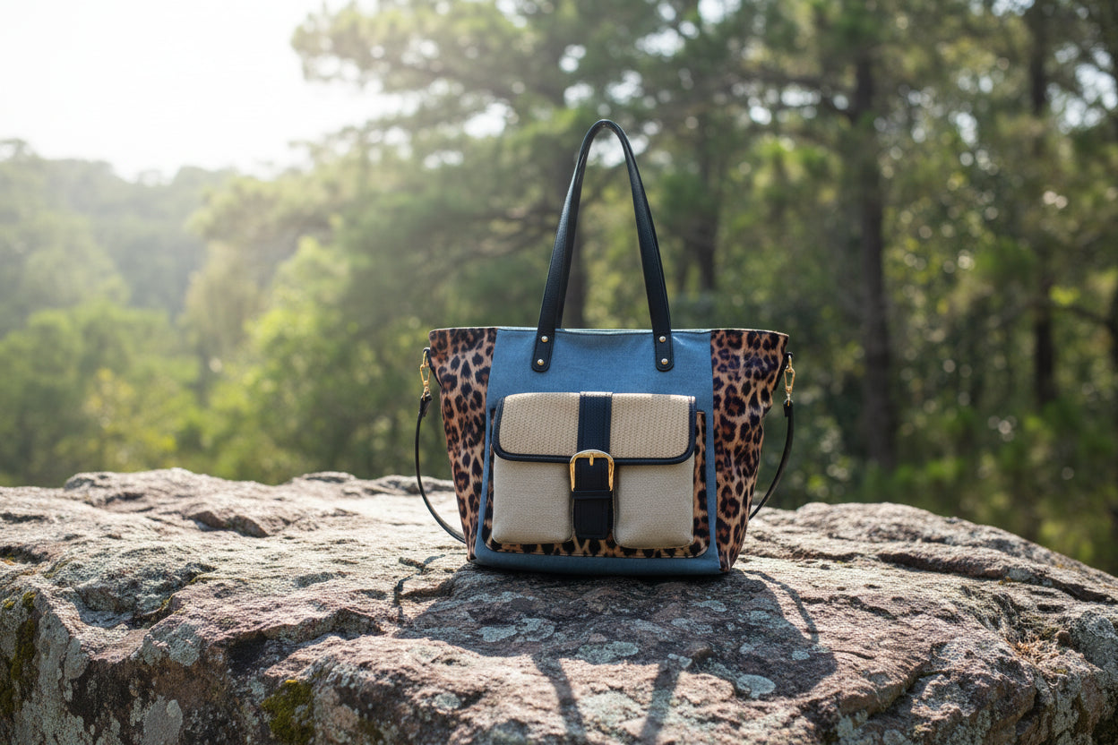 Borsa shopper con manico, tracolla, tasca anteriore, effetto leopardato MODELLO Hunter