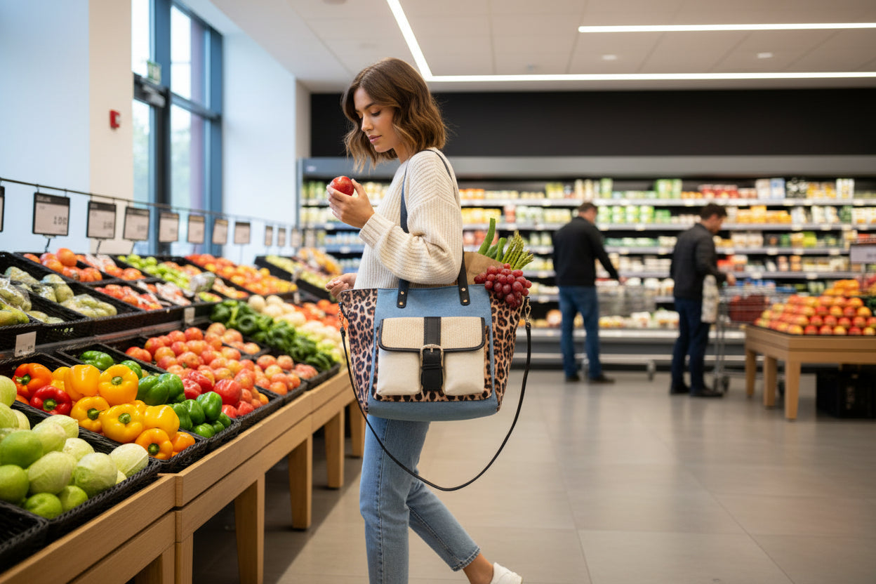 Borsa shopper con manico, tracolla, tasca anteriore, effetto leopardato MODELLO Hunter