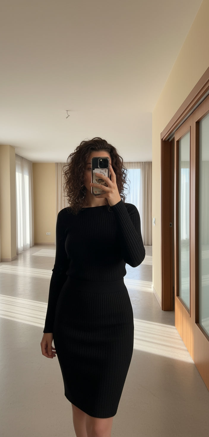 Zweiteiliger Damenanzug, gestreiftes Langarmshirt und figurbetonter Rock, Slim Fit, Herbst-Winter-Mode. Lieferzeit: 15 Tage.