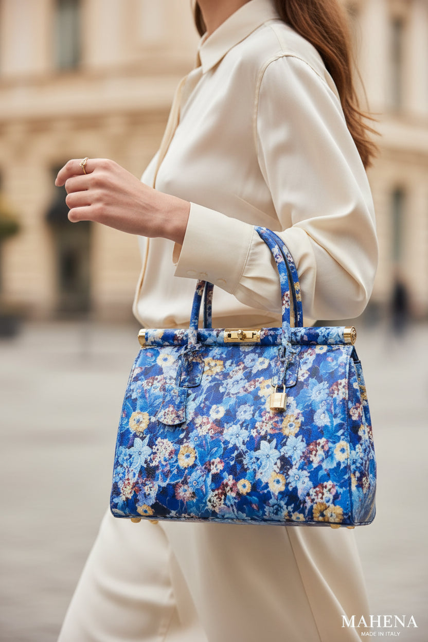 SOFIA – Borsa a Mano Floreale in Vera Pelle Artigianale (Made in Italy)