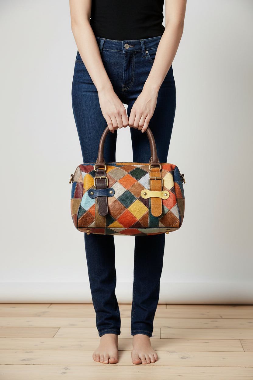 Sac patchwork artistique MAHENA multicolore - 100% Cuir véritable Unique en Précommande expéditions expédition à partir du 30 mai