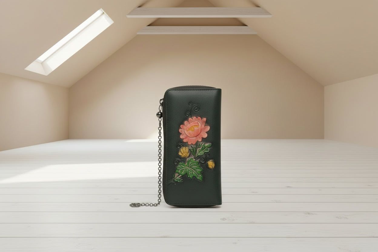 Exclusieve leren damesportemonnee Mahena collectie MODEL FLOWERS BRUIN OF ZWART