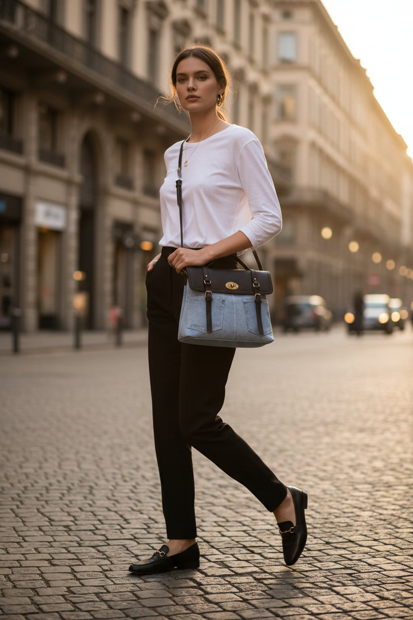 Sac bandoulière amovible en PU denim bicolore MODÈLE RUSTY