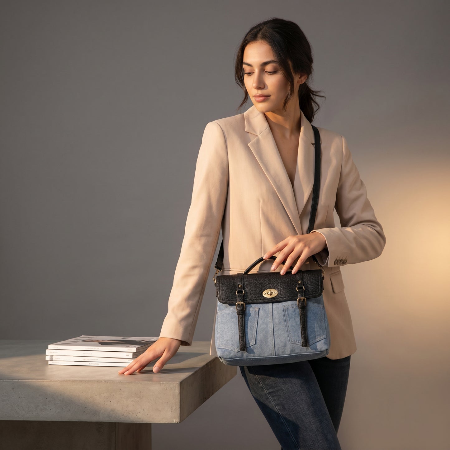 Sac bandoulière amovible en PU denim bicolore MODÈLE RUSTY