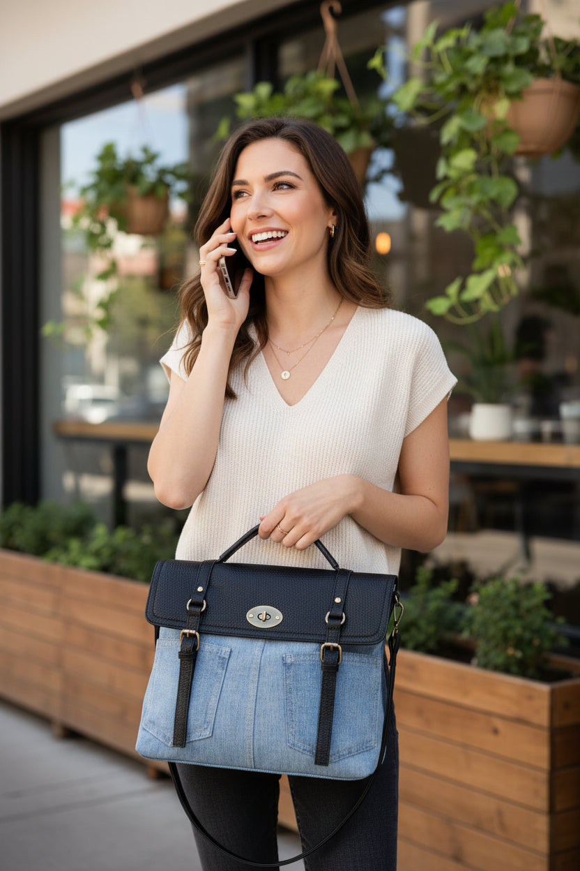 Sac bandoulière amovible en PU denim bicolore MODÈLE RUSTY
