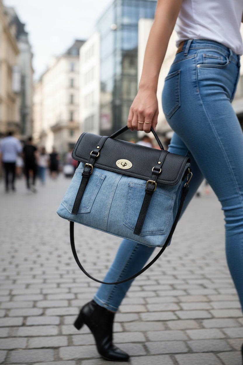 Sac bandoulière amovible en PU denim bicolore MODÈLE RUSTY