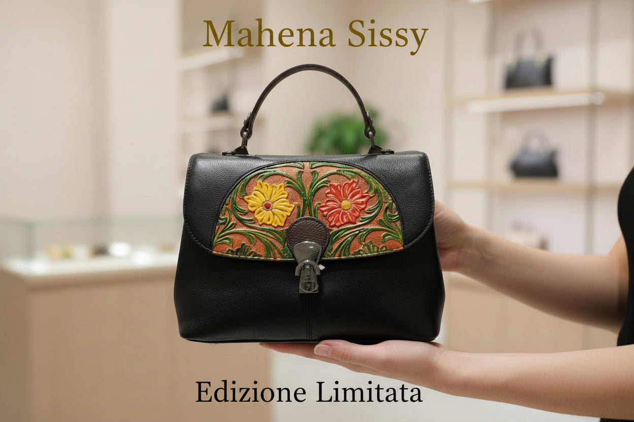 Retro handbag with colorful hand print SISSY LIMITED EDITION model Black