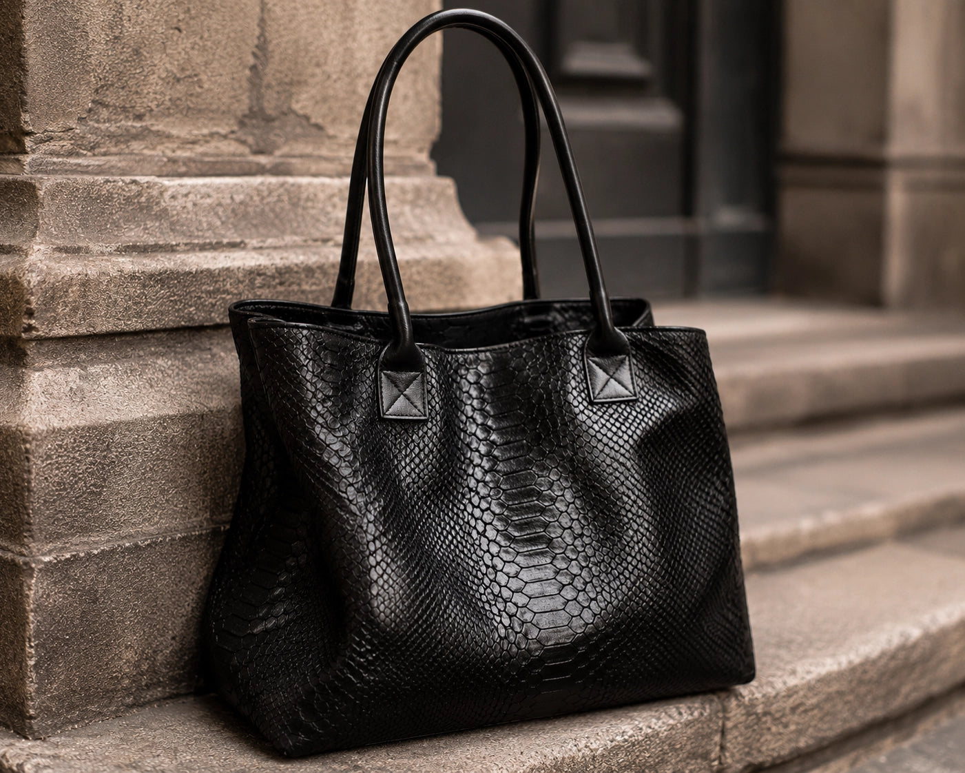 Tote Bag «Venere» MAHENA i pytonmønster SORT – 100 % ekte skinn