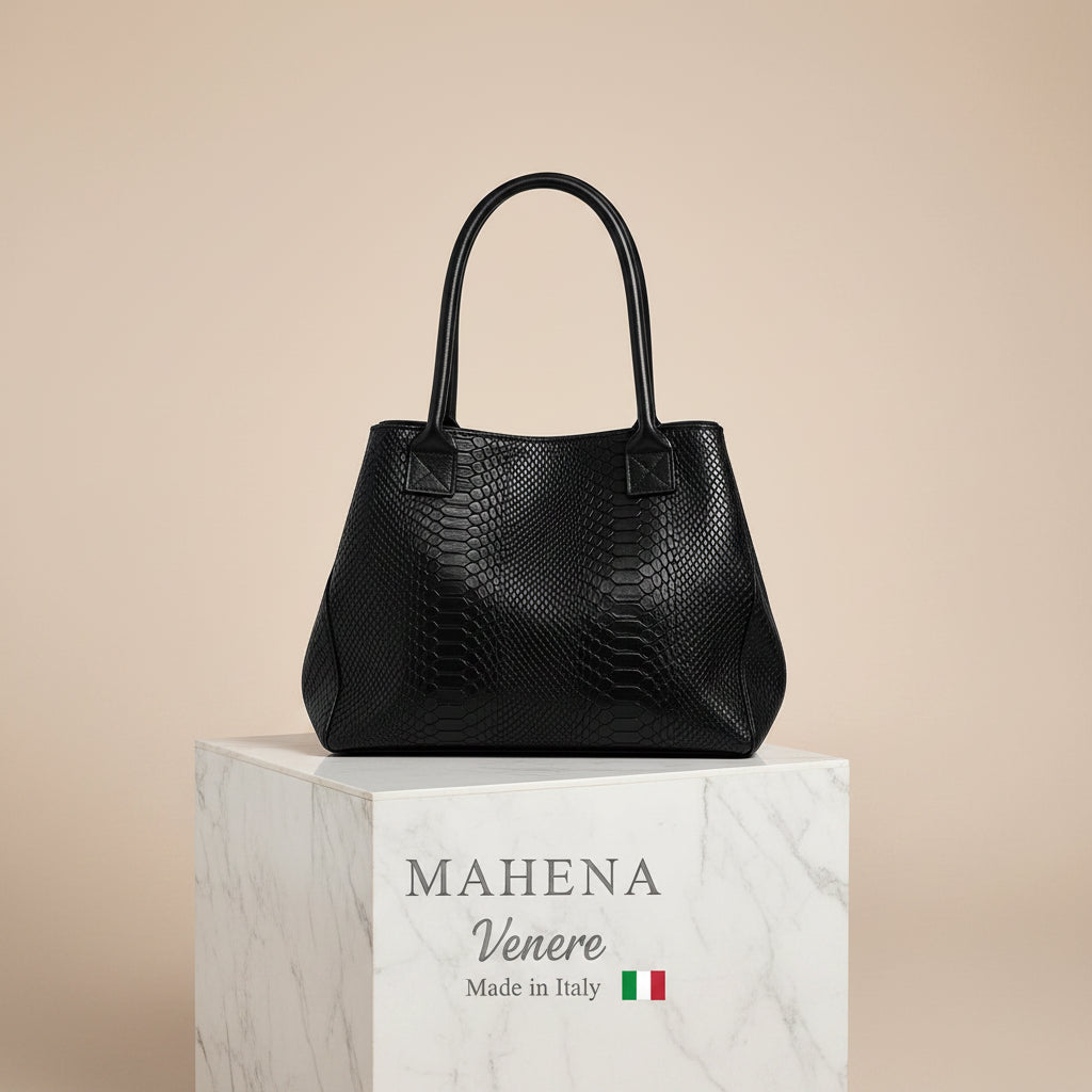 Tote Bag «Venere» MAHENA i pytonmønster SORT – 100 % ekte skinn