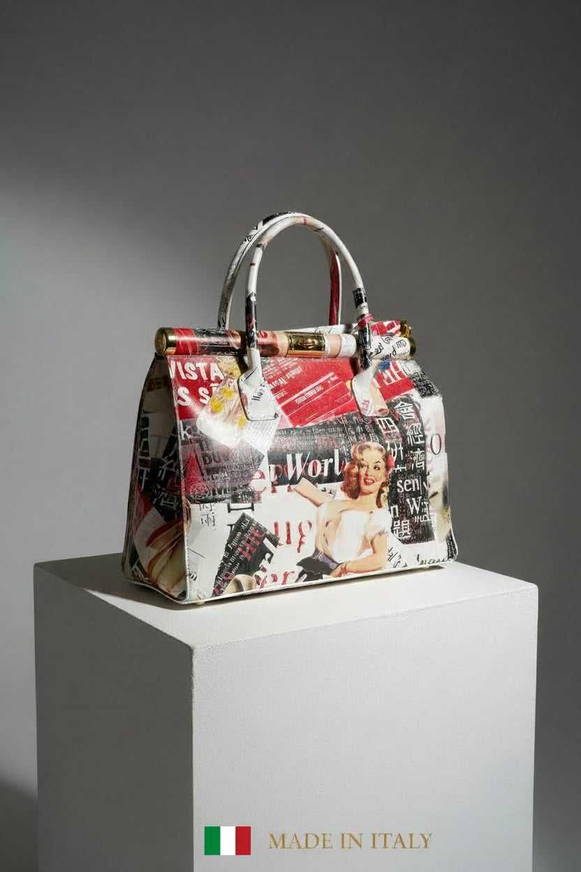 Mahena "Vintage Journal" — Borsa Artigianale Pop Art in Vera Pelle