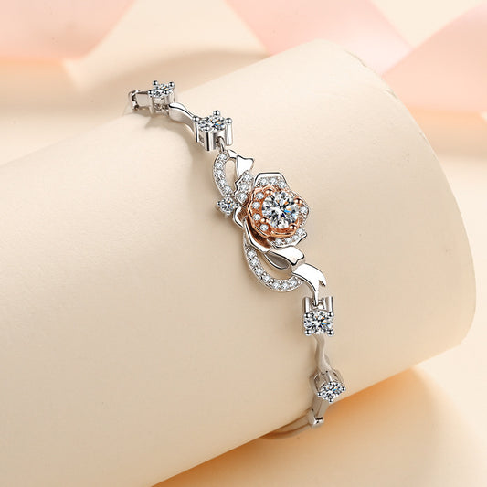 Bracciale con rosa da donna, in argento S925, con moissanite intarsiata consegna immediata