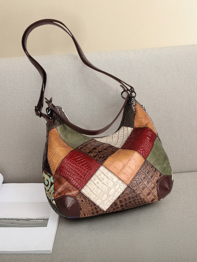 Borsa a tracolla da donna in vera pelle con cuciture, grande capacità, colorata