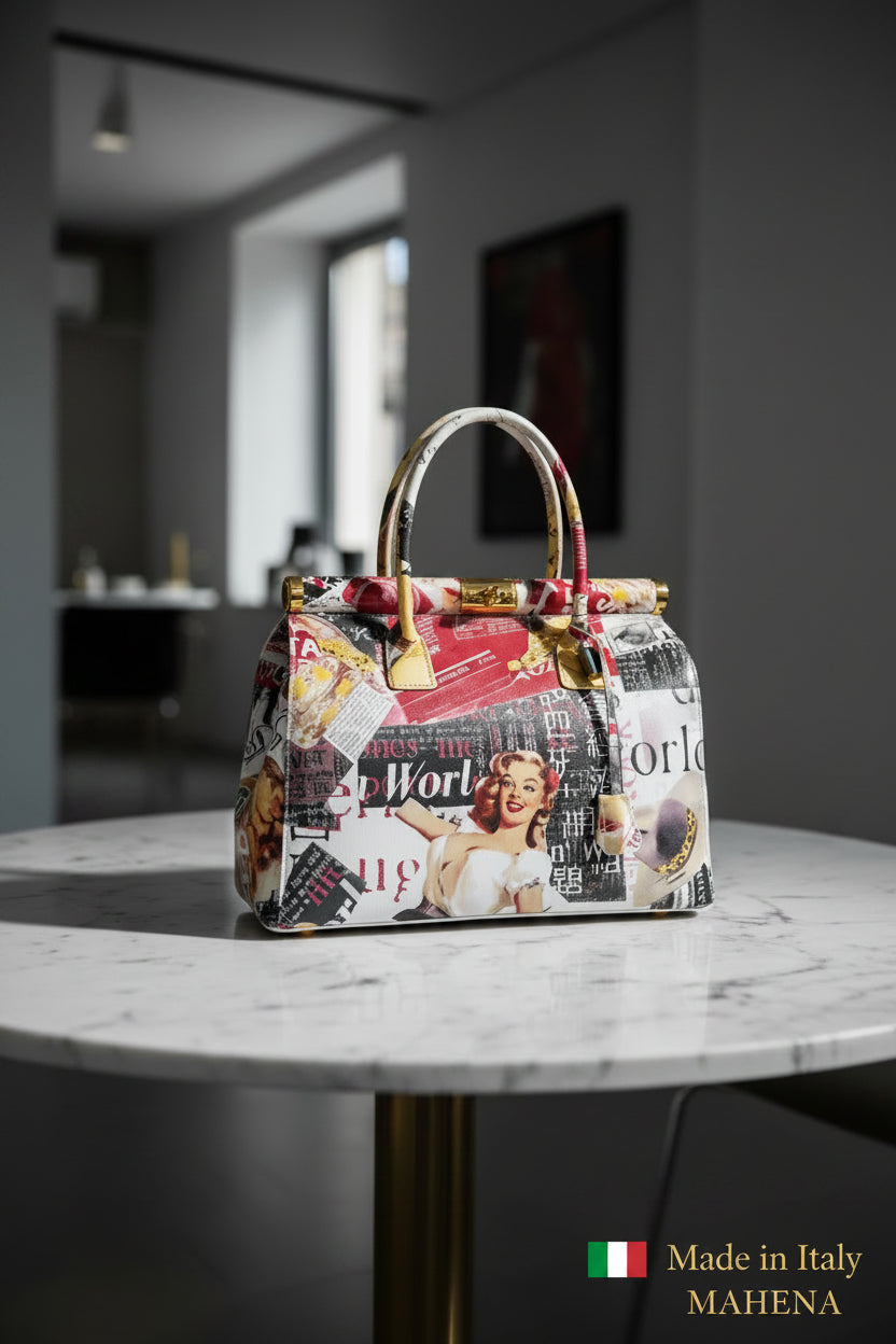 Mahena "Vintage Journal" — Borsa Artigianale Pop Art in Vera Pelle