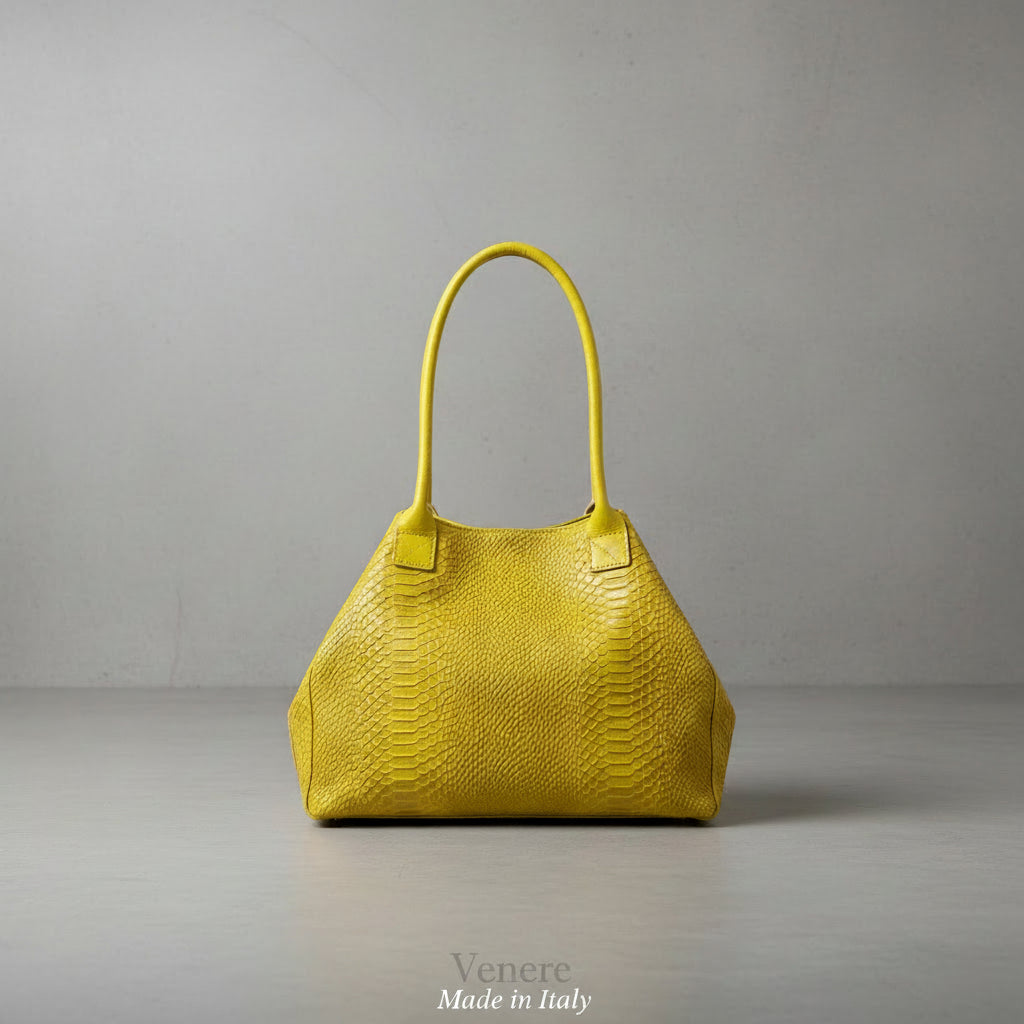Tote Bag "Venere" MAHENA Effetto Pitone Giallo Lime – 100% Vera Pelle Made in Italy