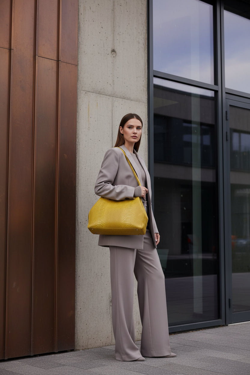 Tote Bag "Venere" MAHENA Effetto Pitone Giallo Lime – 100% Vera Pelle Made in Italy