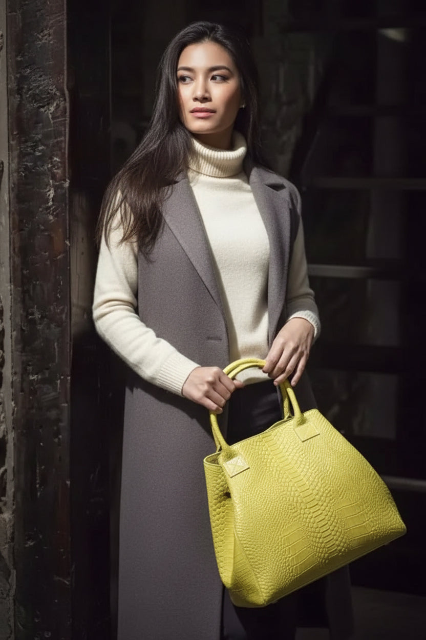 Tote Bag "Venere" MAHENA Effetto Pitone Giallo Lime – 100% Vera Pelle Made in Italy
