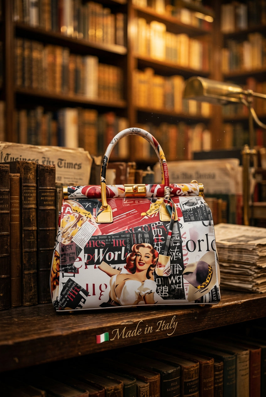 Mahena "Vintage Journal" — Handgefertigte Pop-Art-Tasche aus echtem Leder