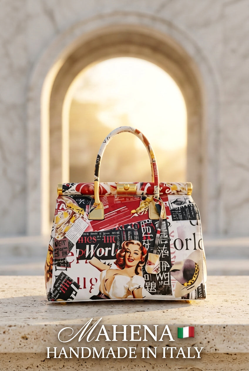 Mahena "Vintage Journal" — Handgefertigte Pop-Art-Tasche aus echtem Leder